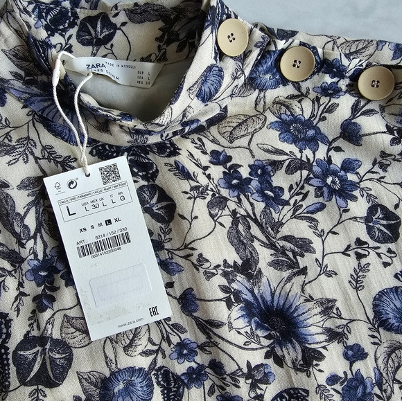 Zara Midi dress Mock Neck Long Sleeve butterfly floral print L M blue white new - Picture 4 of 8